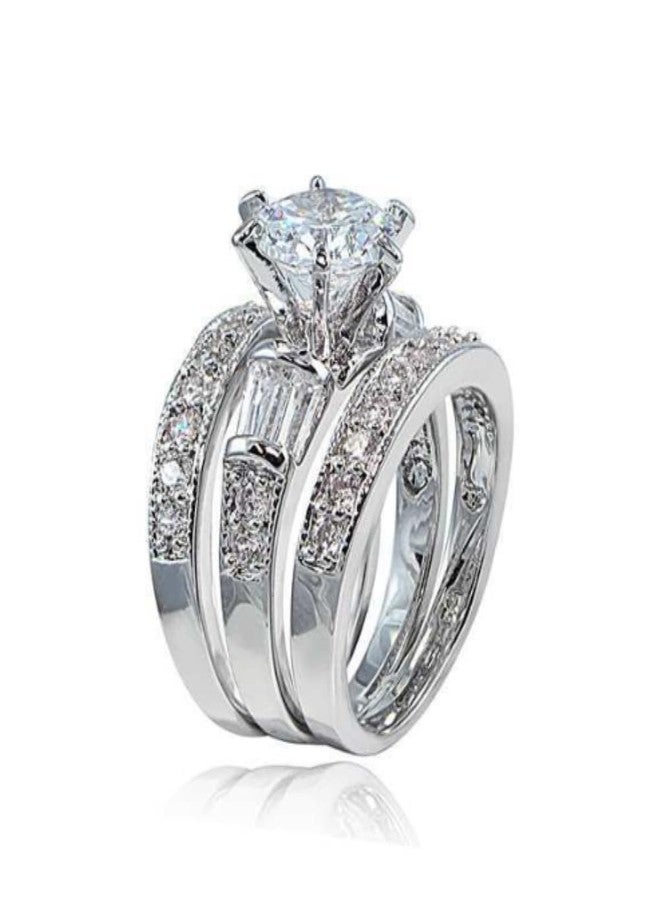 EUJHRTM 925 sterling silver round diamond set for fashionable women's three piece set with diamond engagement, elegant and elegant Mosang stone ring Size 7 - Image 1
